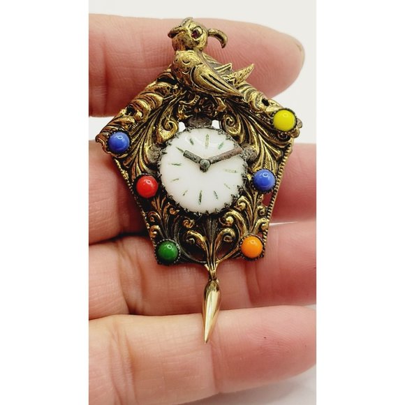 Signed Vintage Czechoslovakia Unique Coocoo Clock Brooch (A430) - Picture 2 of 5